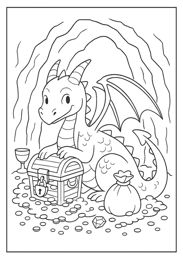  Smiling dragon coloring page guarding a treasure chest in a cave.
