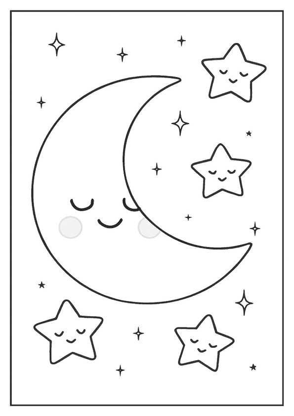 A sleepy moon and smiling stars in a Dreamy Kawaii coloring page.