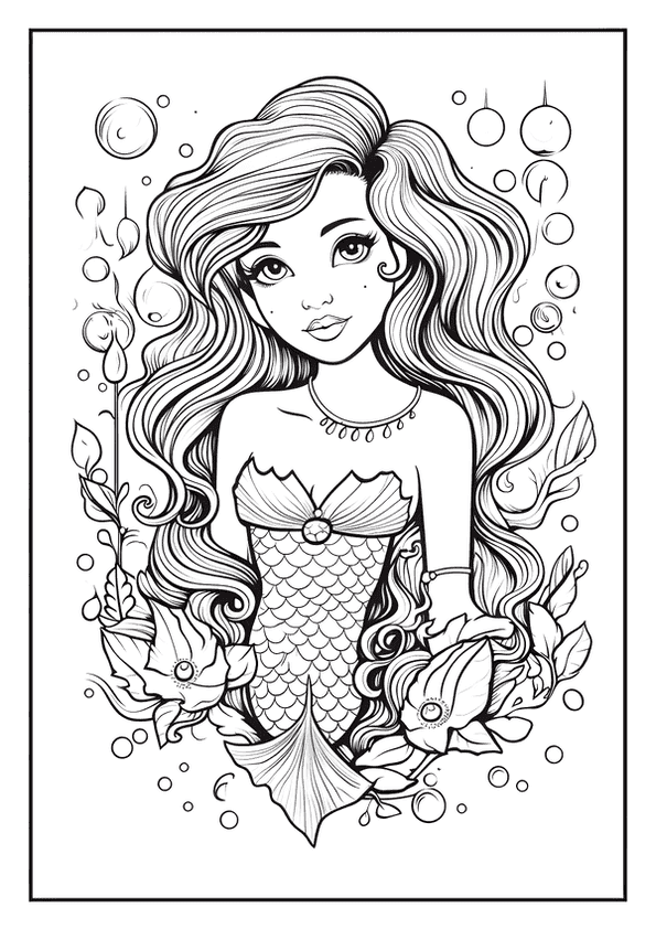 An adorable mermaid coloring page of a pretty mermaid with a happy smile and long, wavy hair.