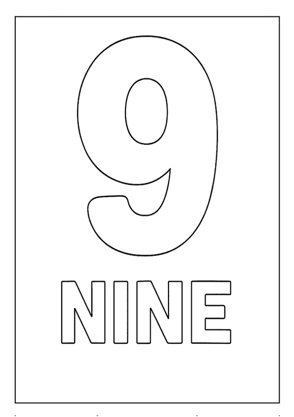 A large outline of the number 9 with the word "NINE" below, perfect for a number coloring page.