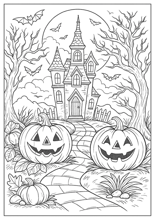 A spooky haunted house with two large jack-o'-lanterns and bats flying under a full moon.