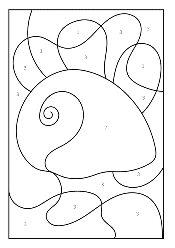 An intricate color by number design of a swirled seashell on a beach.