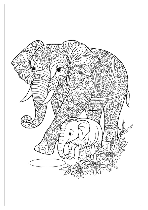 A Detailed Mandala Style Elephant Coloring Page With An Adult And Baby Elephant Walking Through Flowers.