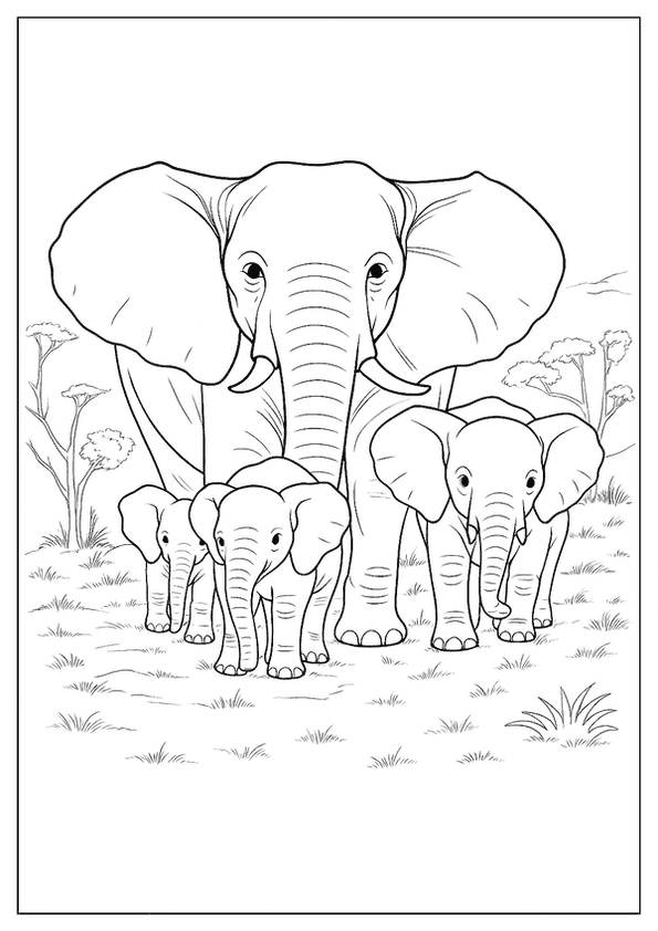 Elephant Coloring Page Of A Family With A Mother And Three Small Baby Elephants Walking.