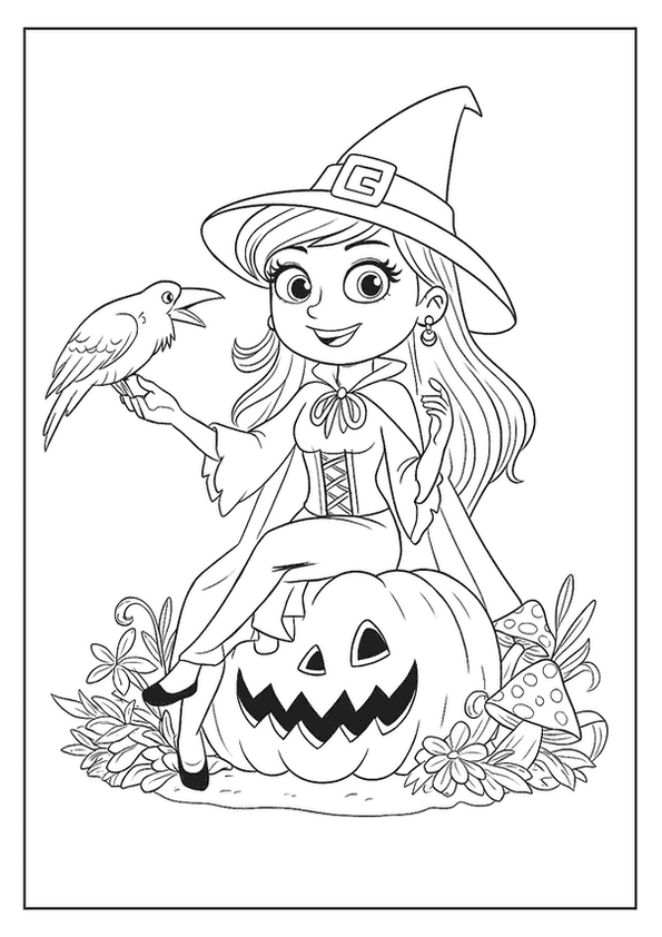 Beautiful witch sitting on a carved Halloween gourd, with a friendly raven perched on her hand.