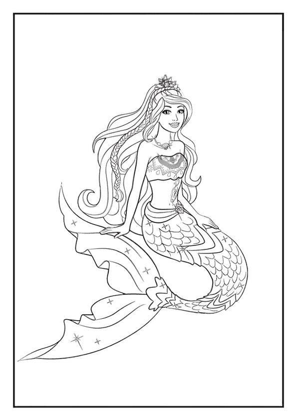 An intricate mermaid coloring page showing a queen mermaid with a detailed crown and decorated tail.