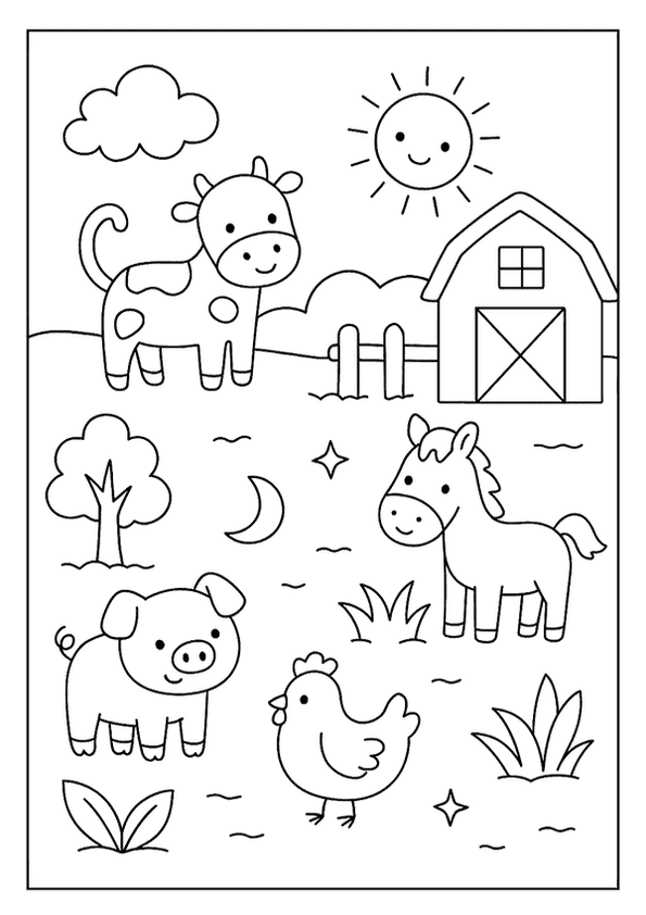 Farm animal coloring pages for kids, showing a cow, pig, horse, chicken, barn, and sunny sky.