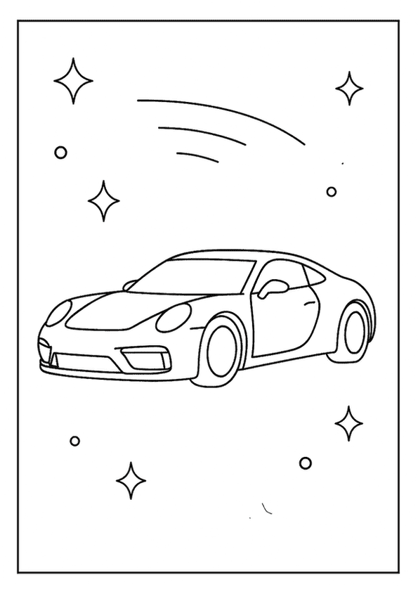 Fast car drawing for kids, a sleek sports car with stars and a shooting star design.