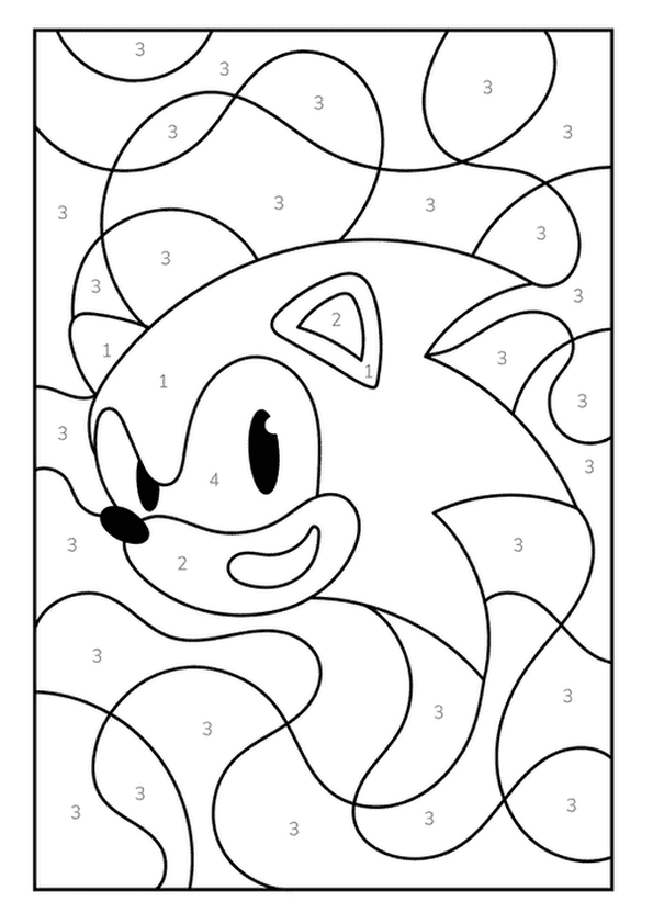 An action-packed color by number page featuring a friendly hedgehog with spiky hair.