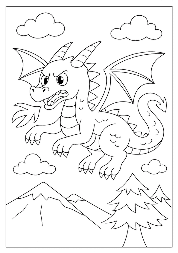 Fierce dragon coloring page flying high over snow-capped mountains and evergreen trees.