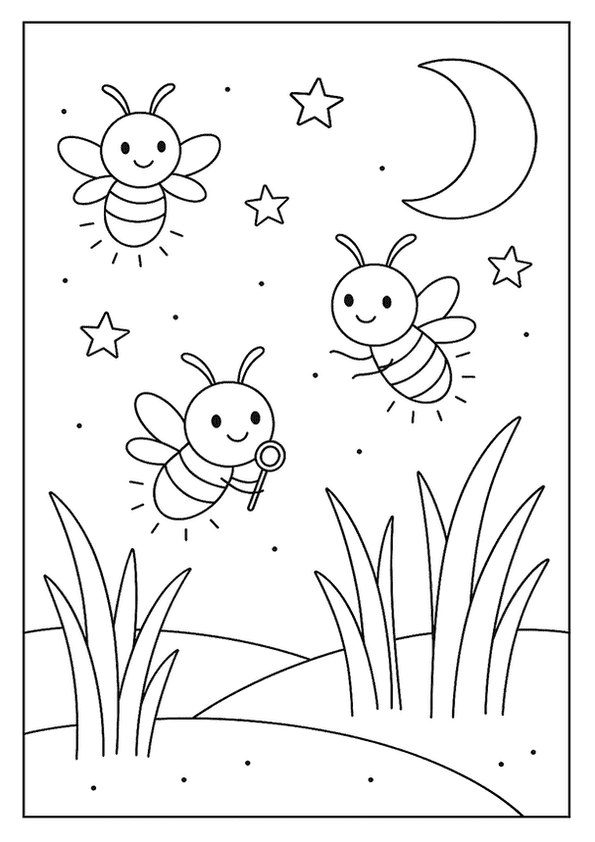 Cute fireflies glowing in the night sky under a crescent moon and stars.