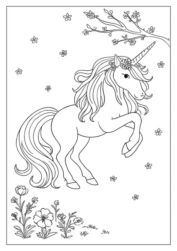 A Unicorn Coloring Page. This Unicorn Wears A Floral Wreath On Its Head And Leaps Under A Branch.