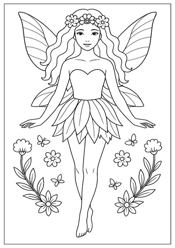 A Spring Fairy With A Flower Crown And Petal Skirt, Surrounded By Blossoms And Butterflies.