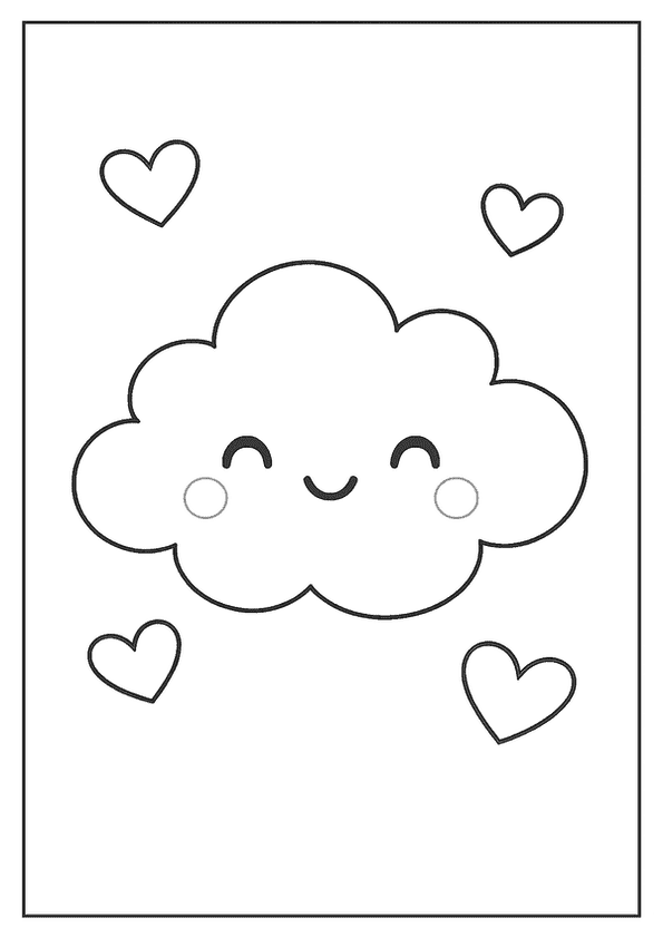 A happy cloud surrounded by hearts in this cute Kawaii coloring page.