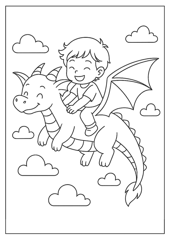 Happy child riding a friendly dragon coloring page through fluffy clouds.