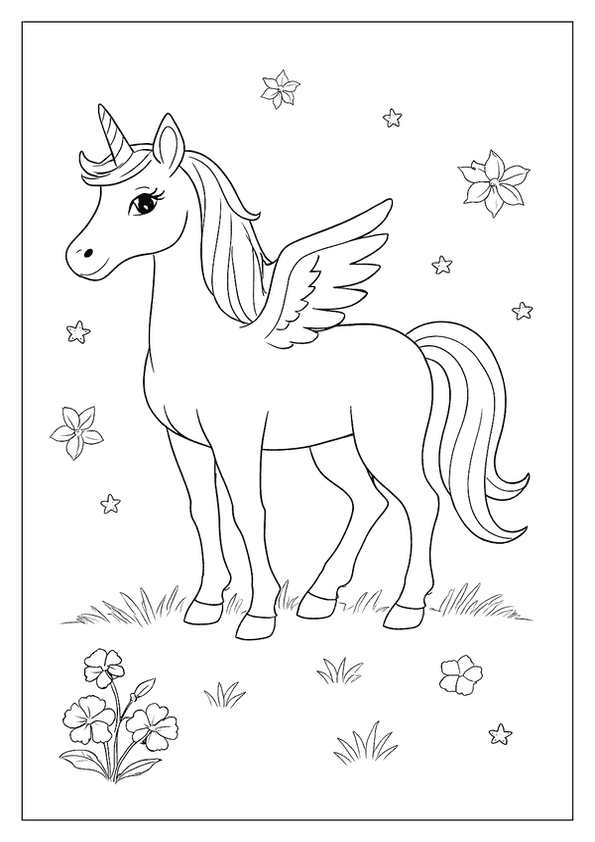 A Pegasus Unicorn Coloring Page. This Flying Unicorn Has Majestic Wings, A Flowing Mane, And Stars.