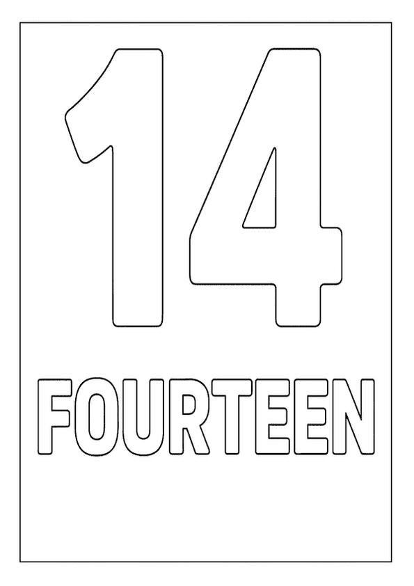 Bold outline of the number 14 with the word "FOURTEEN" beneath, perfect for a number coloring page.
