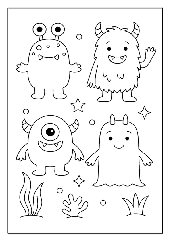 Funny monsters to color for kids, featuring four unique and friendly monster characters.