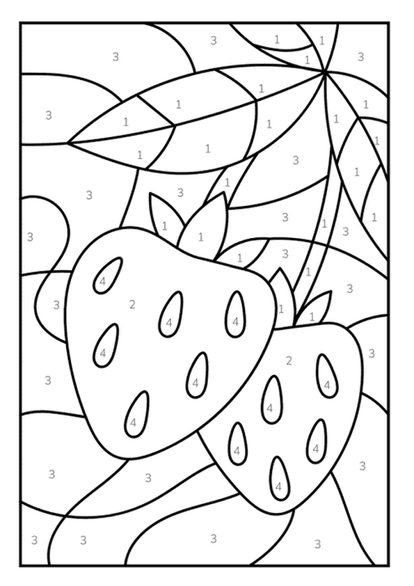 A color by number image of two ripe strawberries hanging from a leafy vine.