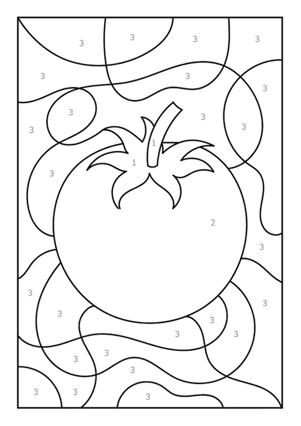 A color by number image of a round, juicy tomato on a vine.
