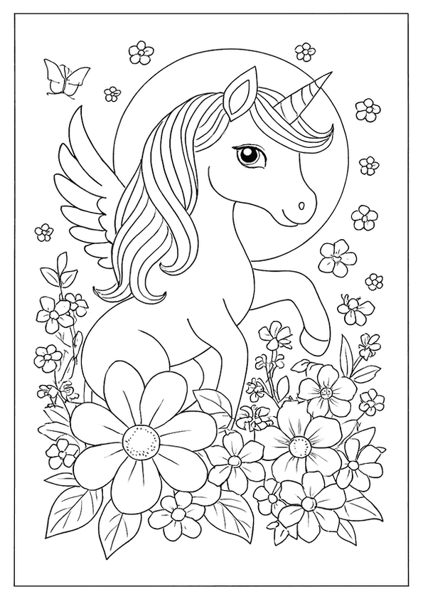 A Pegasus Unicorn Coloring Page. This Winged Unicorn Is Peeking Out From A Dense Garden Of Flowers.