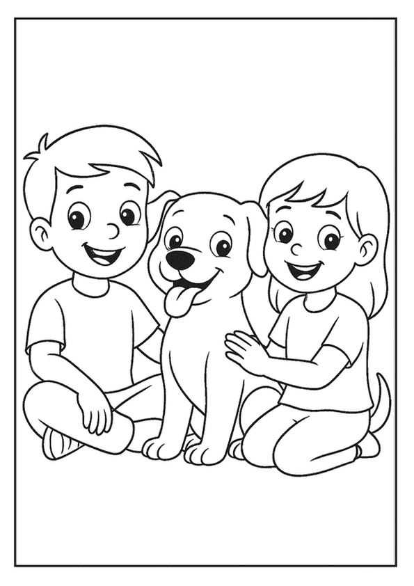 A gentle, smiling dog sitting between a boy and a girl, all looking happy. A sweet Dog coloring page.