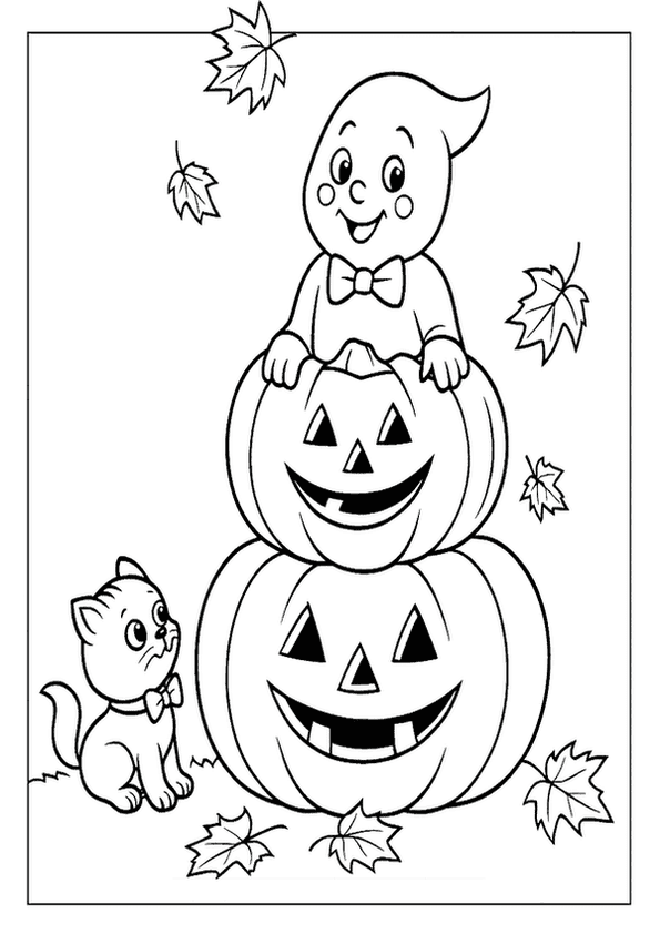 Cute ghost and kitten Halloween coloring page with stacked pumpkins and falling autumn leaves.