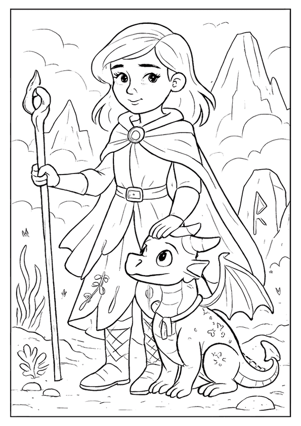 A friendly girl and her baby dragon stand in a field.