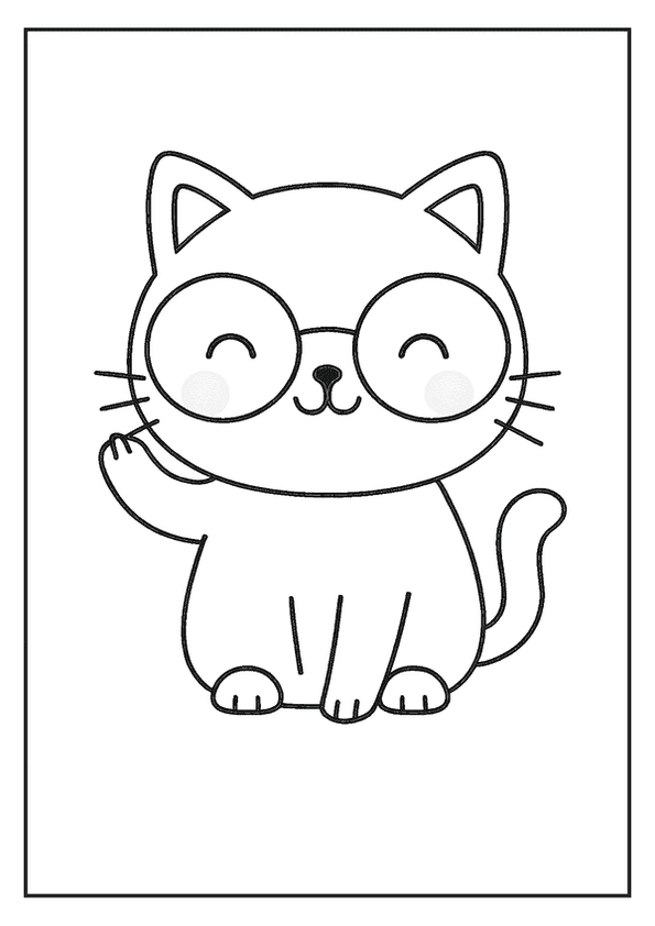 A smart-looking Kawaii cat wearing big round glasses and waving in a coloring page.