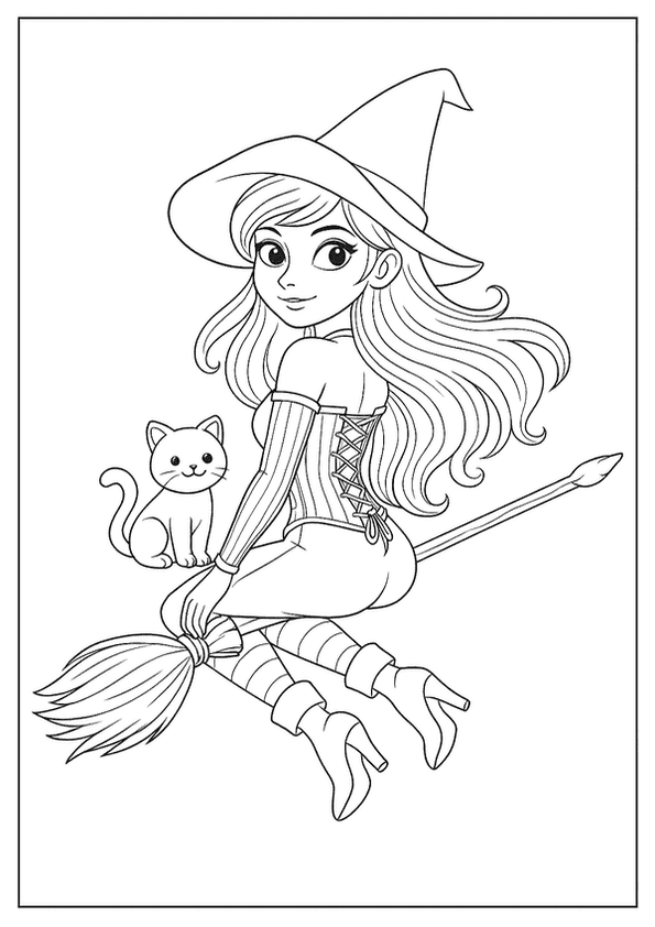 A beautiful witch with long flowing hair and her cat soaring gracefully on a broomstick.