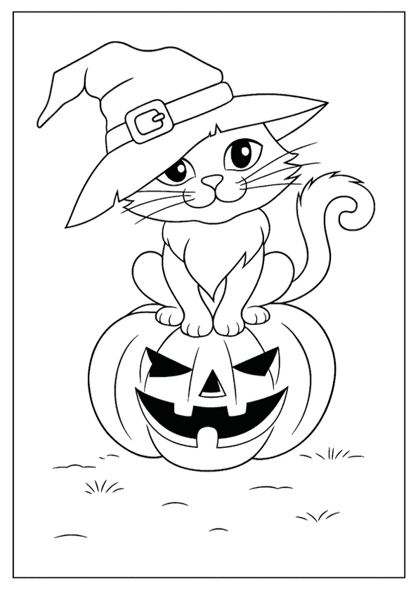 Whimsical illustration of a cat with a witch hat sitting on a carved pumpkin face.