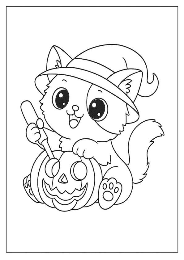 An adorable kitten in a witch hat carves a jack-o'-lantern with a happy expression.