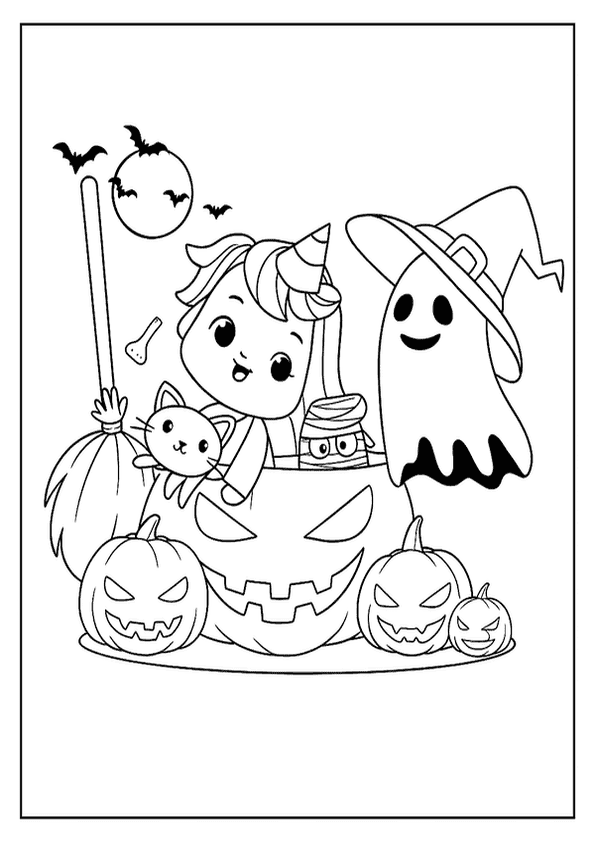 A magical unicorn-like child, a cat, a ghost, and a broom in a large, grinning holiday pumpkin with bats flying above.