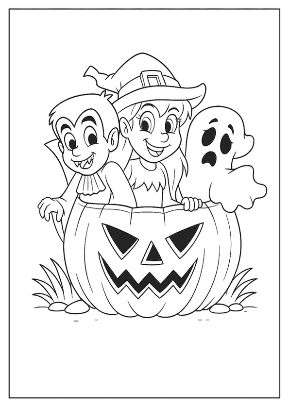 A friendly vampire, a cute witch, and a ghost peeking from a large, grinning jack-o'-lantern.