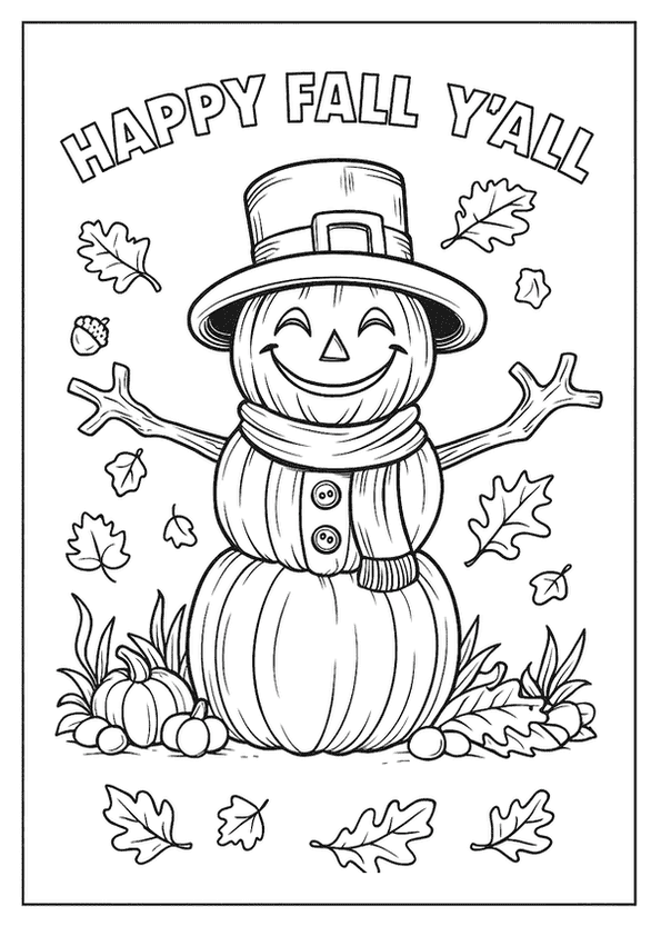 A cheerful pumpkin snowman with a top hat and scarf, surrounded by falling autumn leaves and gourds.