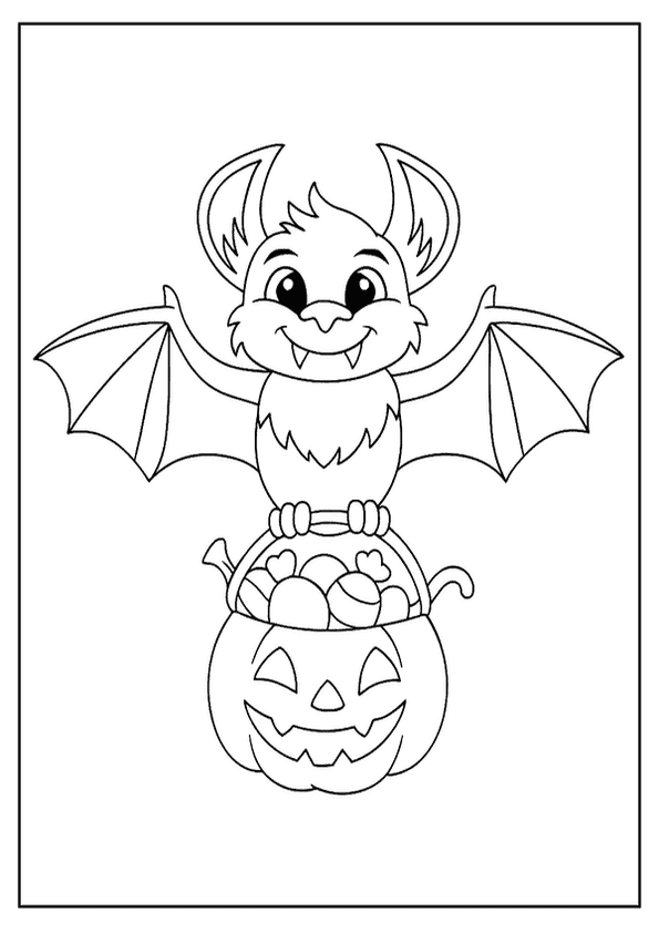 A smiling bat with open wings sits atop a jack-o'-lantern basket full of treats.