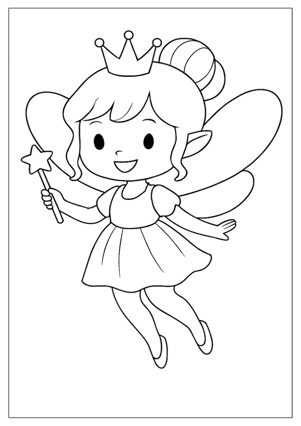 A Joyful Cartoon Fairy With A Crown And Wand, A Super Cute Coloring Page For Young Kids.