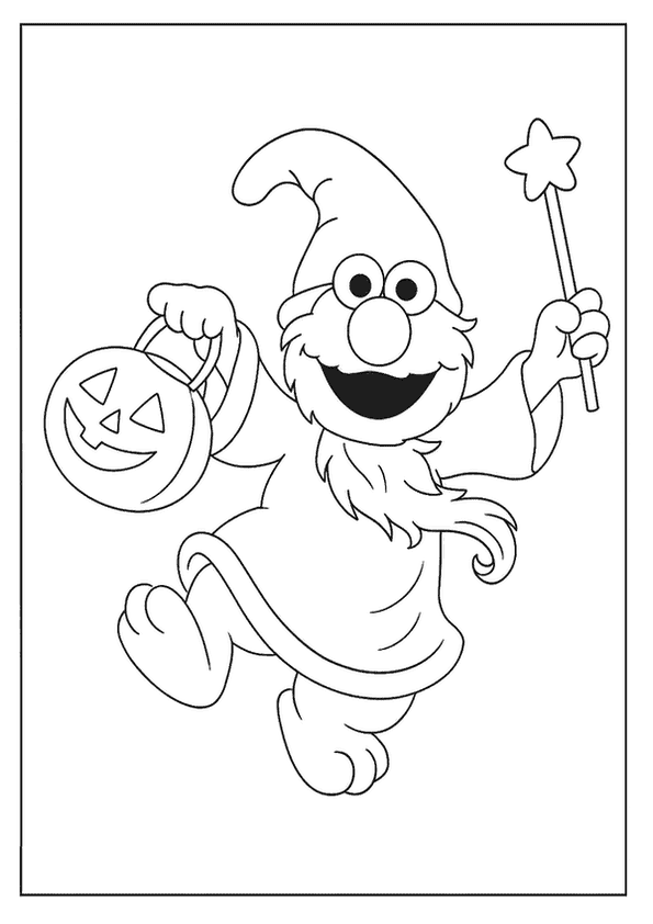 A cheerful monster character dressed as a wizard, holding a pumpkin bucket and a star wand.