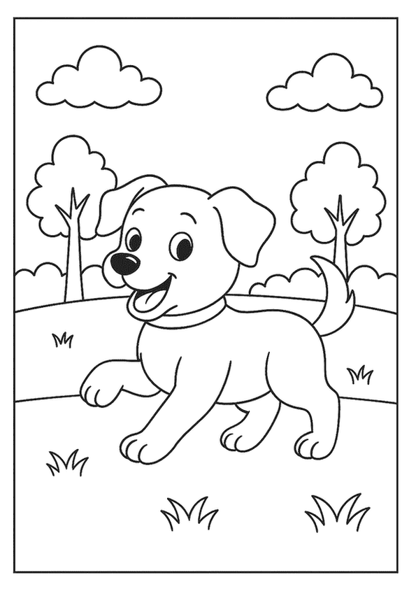 A content dog with a happy face in a park with trees and clouds. A lovely Dog coloring page for kids.