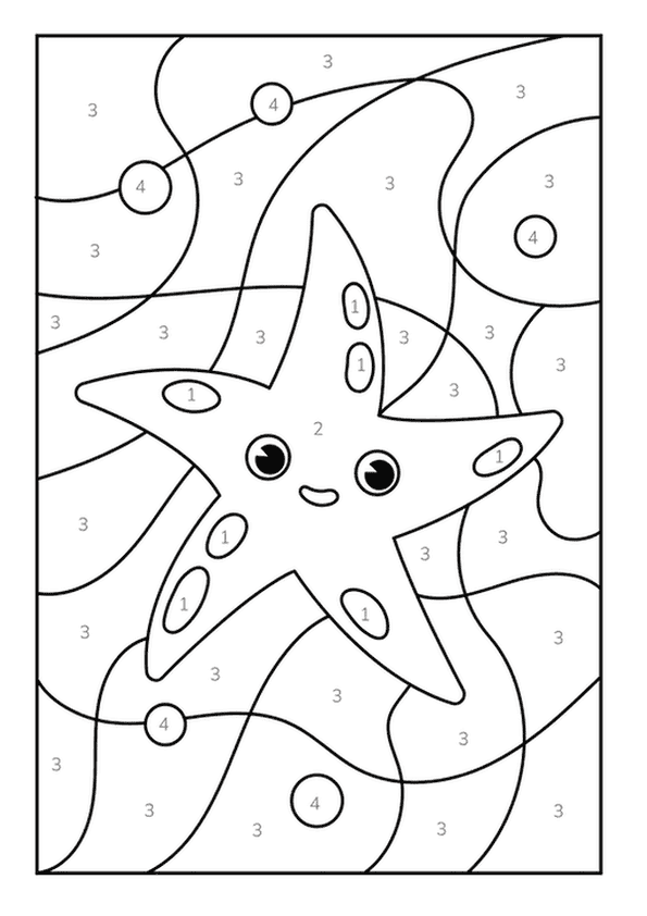 An underwater color by number featuring a cute starfish with an expressive face.