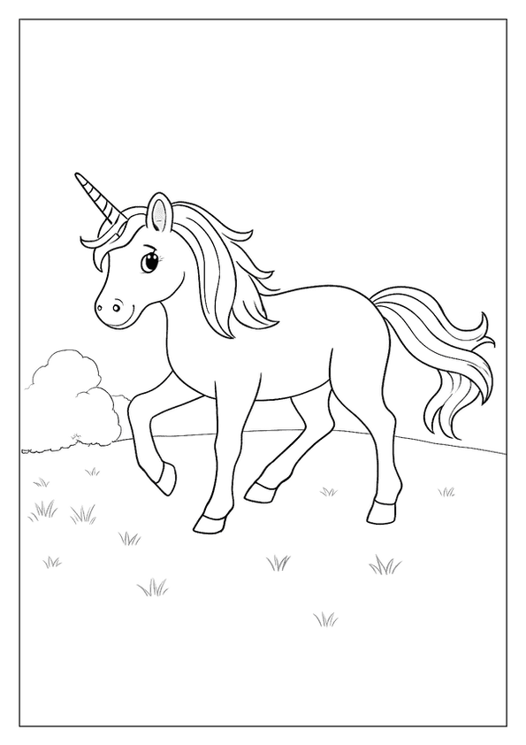A Magical Unicorn Coloring Page With A Long, Flowing Mane, Prancing In A Meadow With A Hedge.