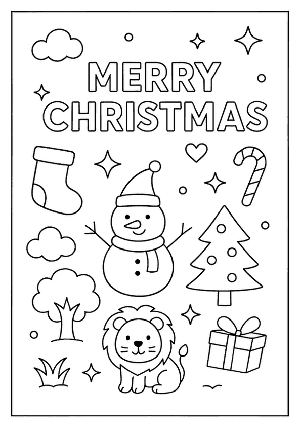 Merry Christmas holiday art for children, with a snowman, tree, stocking, gift, and a lion.
