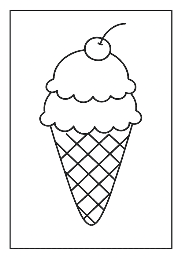 Line art of an ice cream cone with two scoops and a cherry.