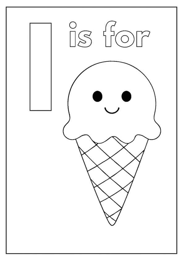 I is for Ice Cream letter coloring page featuring a smiling ice cream cone.