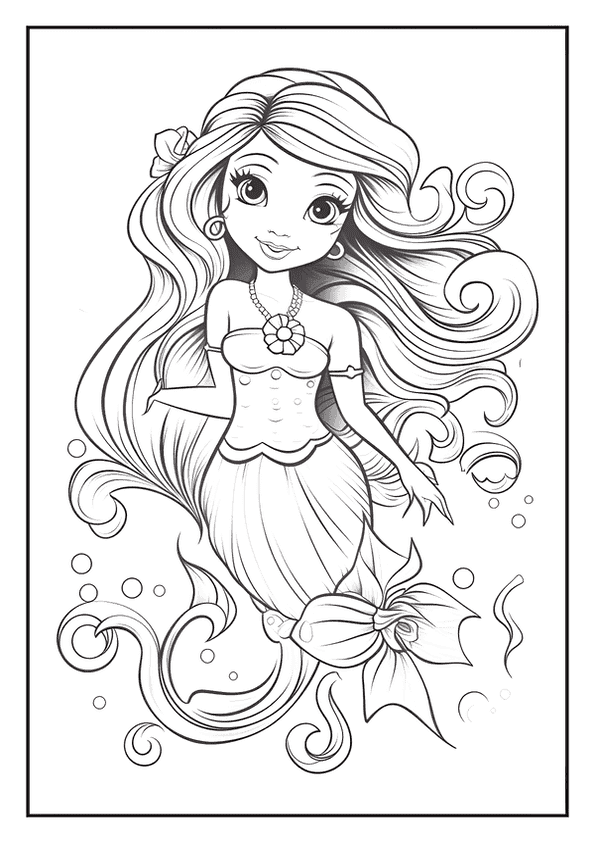 An intricate mermaid coloring page showing a queen mermaid with long, wavy hair and a bow on her tail.