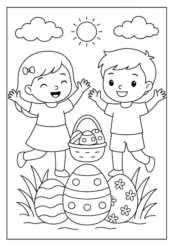 Joyful children on Easter morning with a basket of eggs, a sunny Easter coloring page for kids.