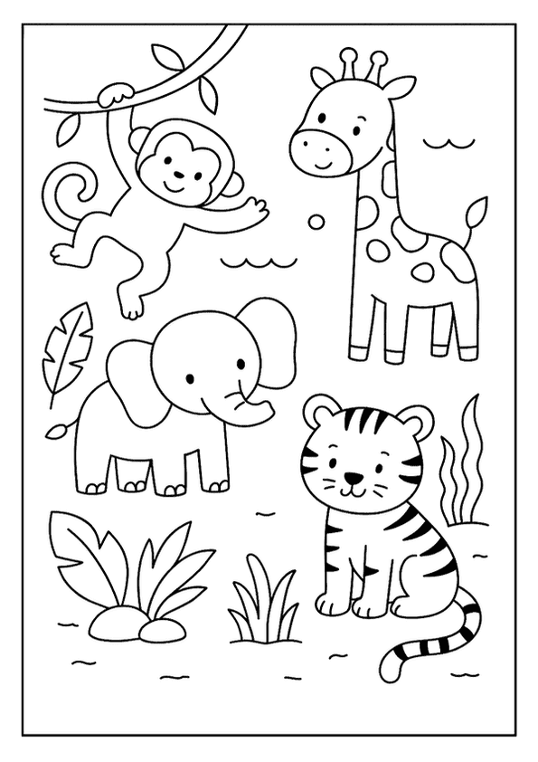 Jungle animal coloring pages for kids, with a playful monkey, tall giraffe, cute elephant, and striped tiger.