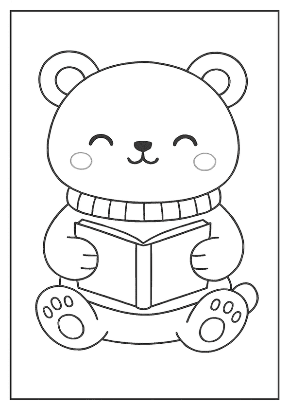 Cute kawaii bear reading a book in this relaxing coloring page.