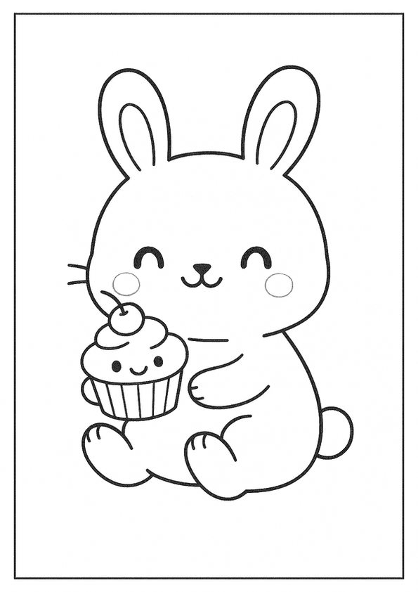  Kawaii coloring page of a cute bunny holding a smiling cupcake with a cherry on top.