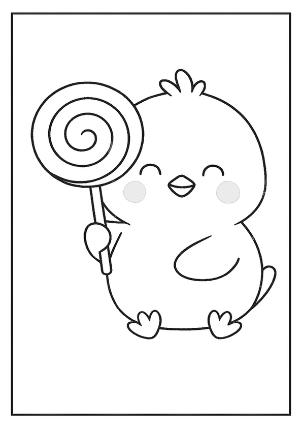 An excited baby chick holding a giant swirly lollipop in a Kawaii coloring page.